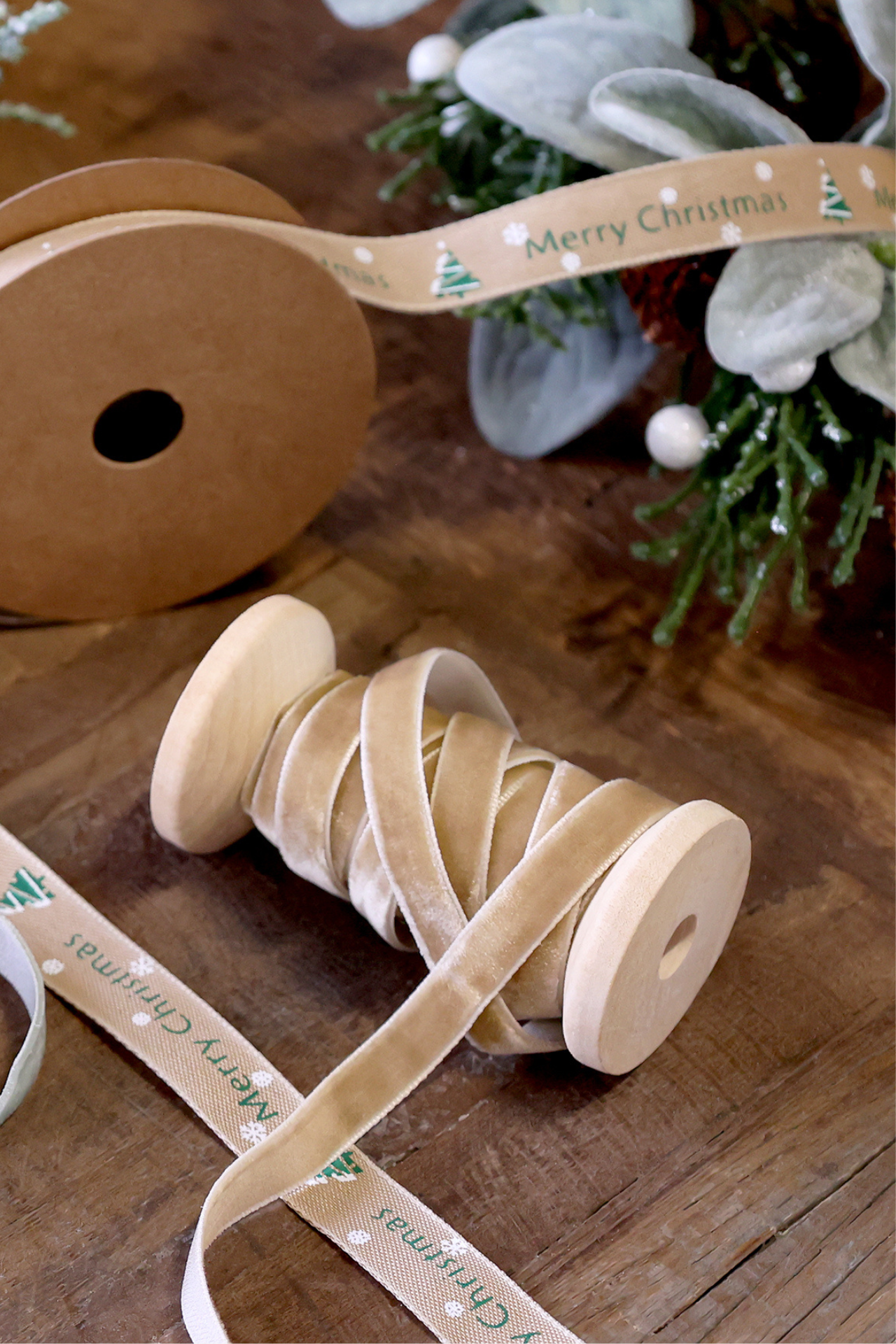 Cream Velvet Ribbon on Wooden Spool