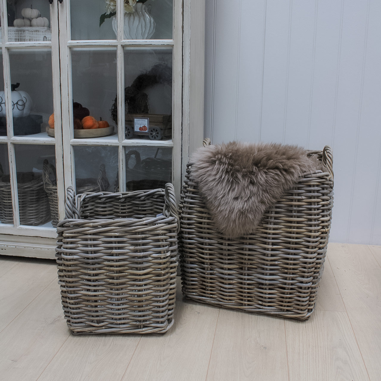 Curved Grey Washed Rattan Wicker Basket with Handles