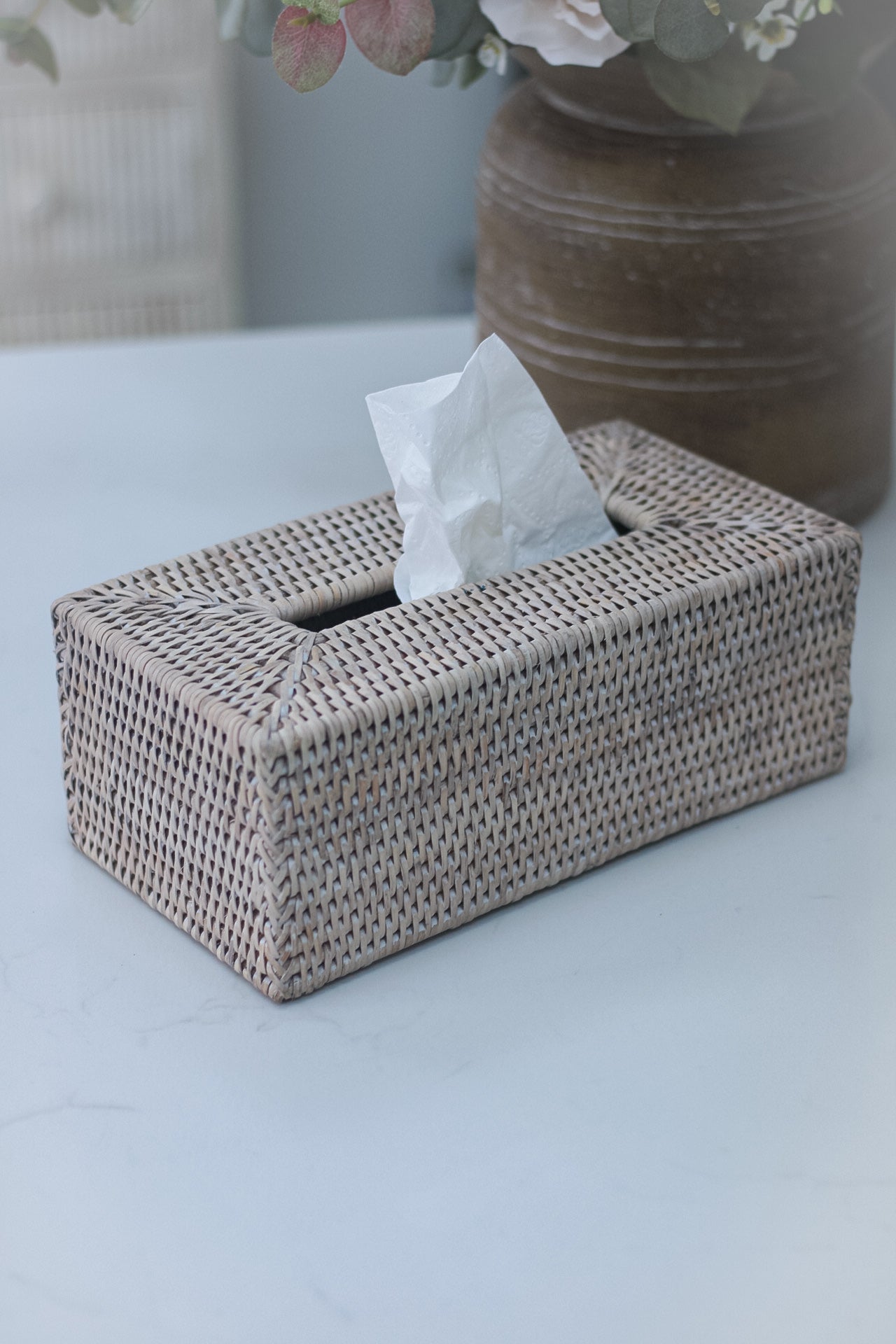 White Washed Natural Rattan Rectangular Tissue Box