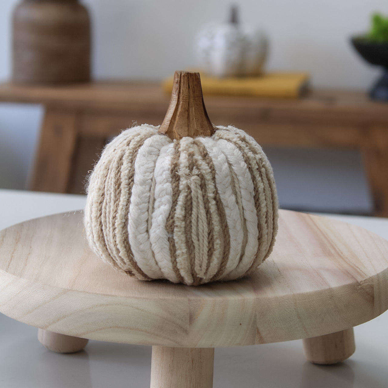 IMPERFECT - Neutral Cotton Pumpkin with Wooden Stalk