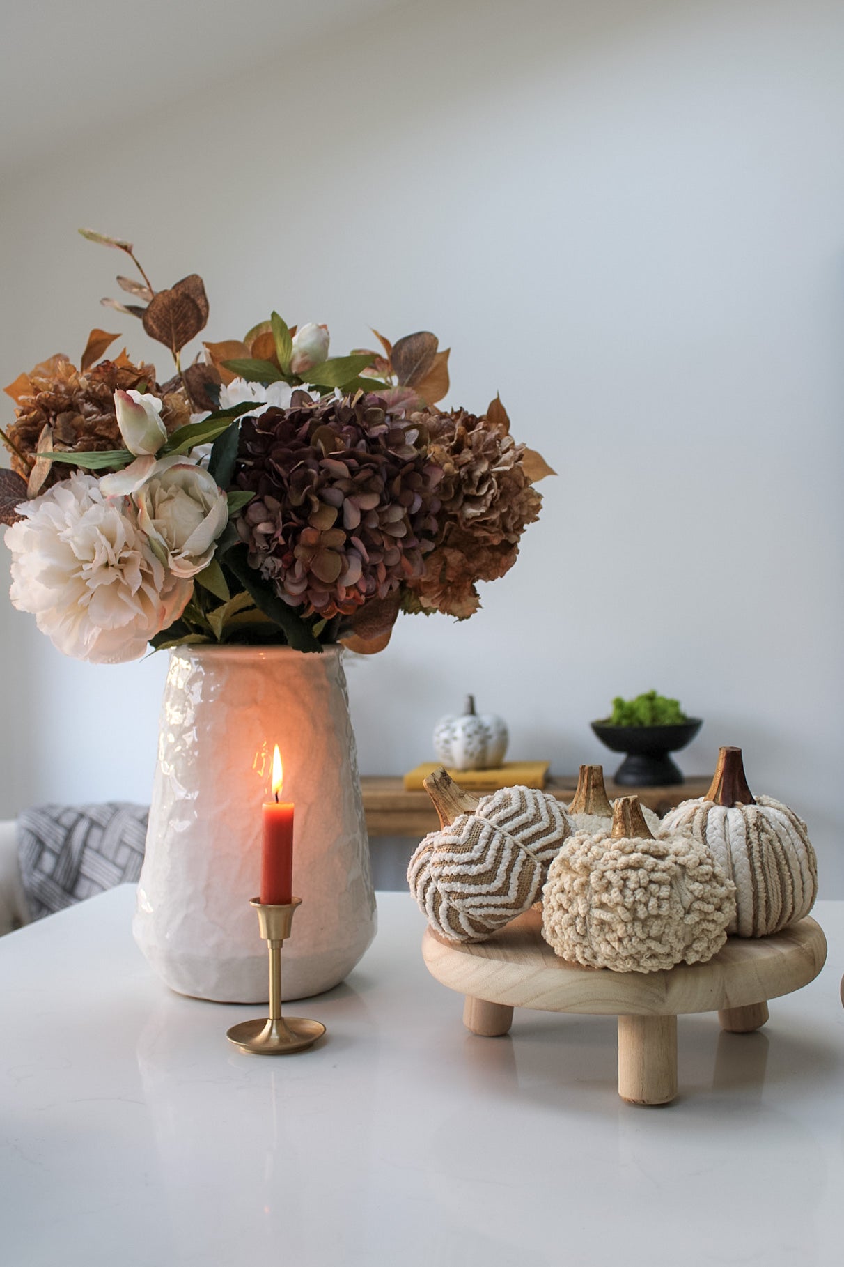 IMPERFECT - Neutral Cotton Pumpkin with Wooden Stalk