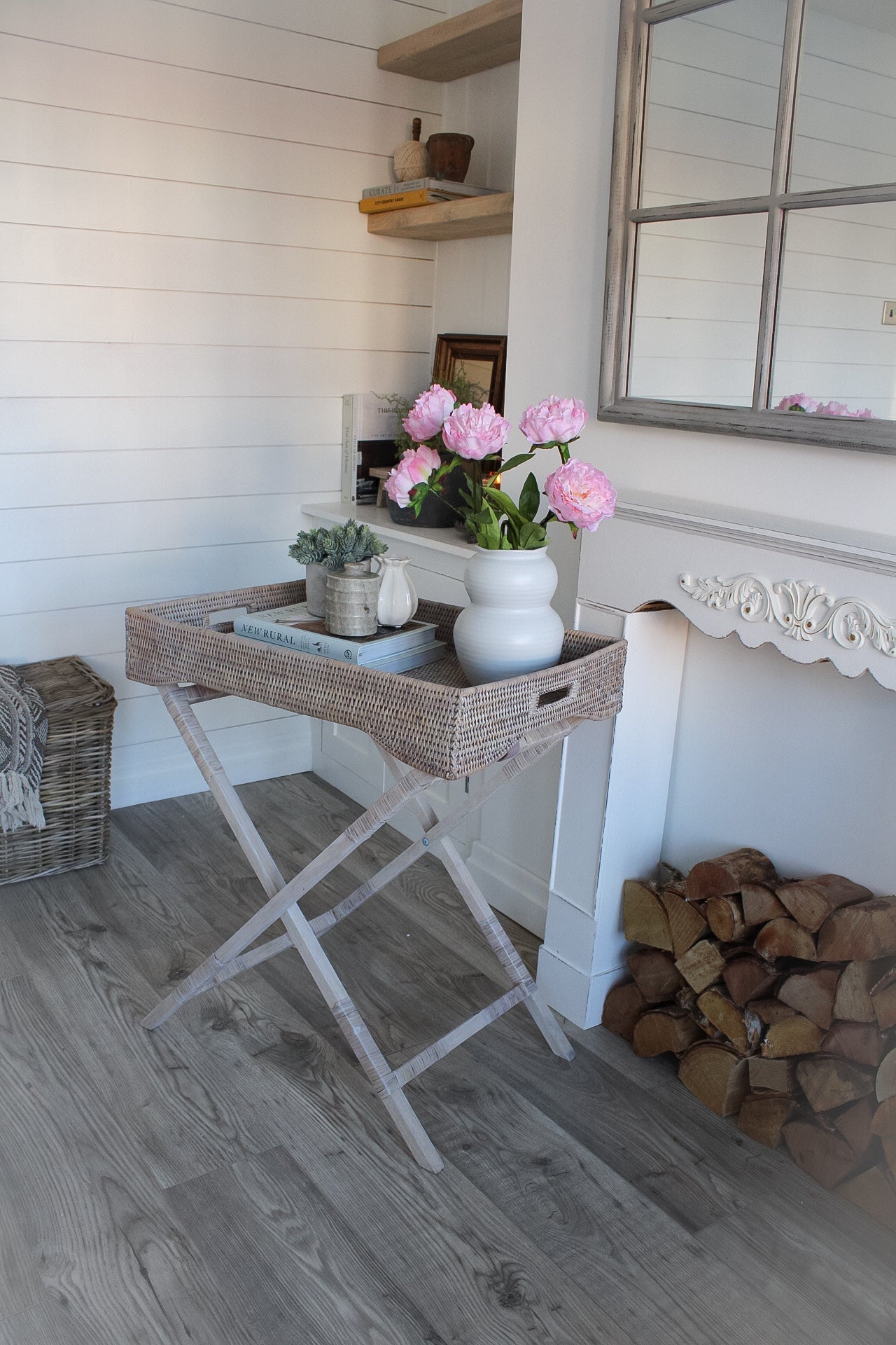 White Washed Natural Rattan Butler Tray with Legs