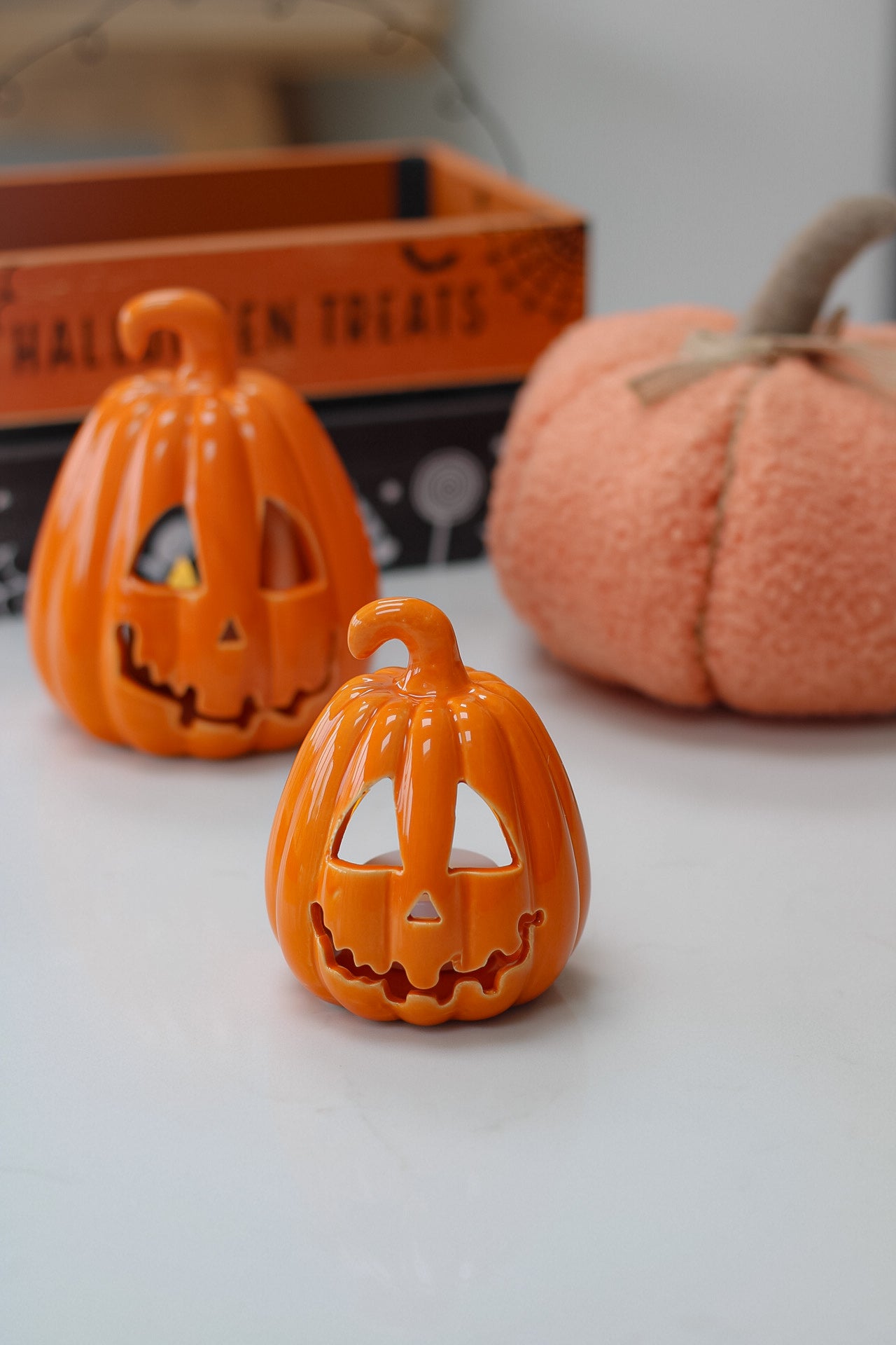 Orange Glazed Ceramic Carved Pumpkin Lantern