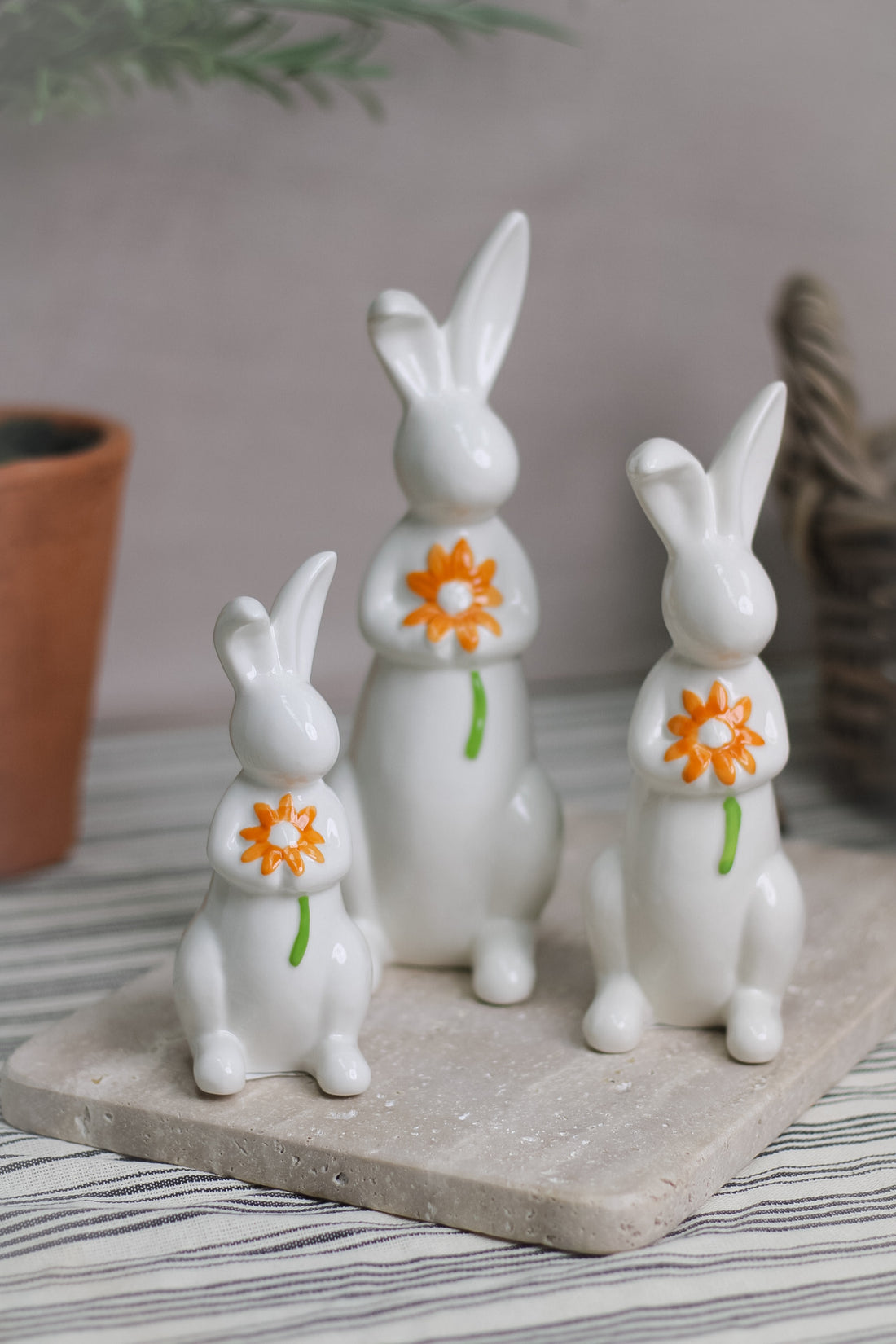 Orange Floral Porcelain Bunnies | Set of 3