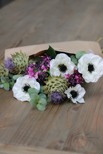 Faux Flocked Thistle, Budding Hydrangea and Anemone Arrangement