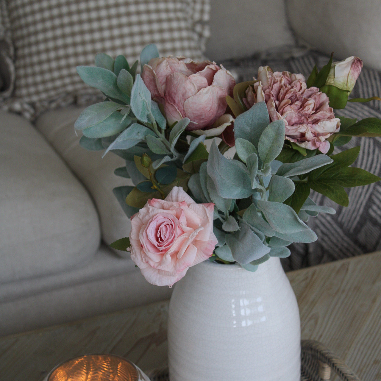 up close of faux flower arrangement