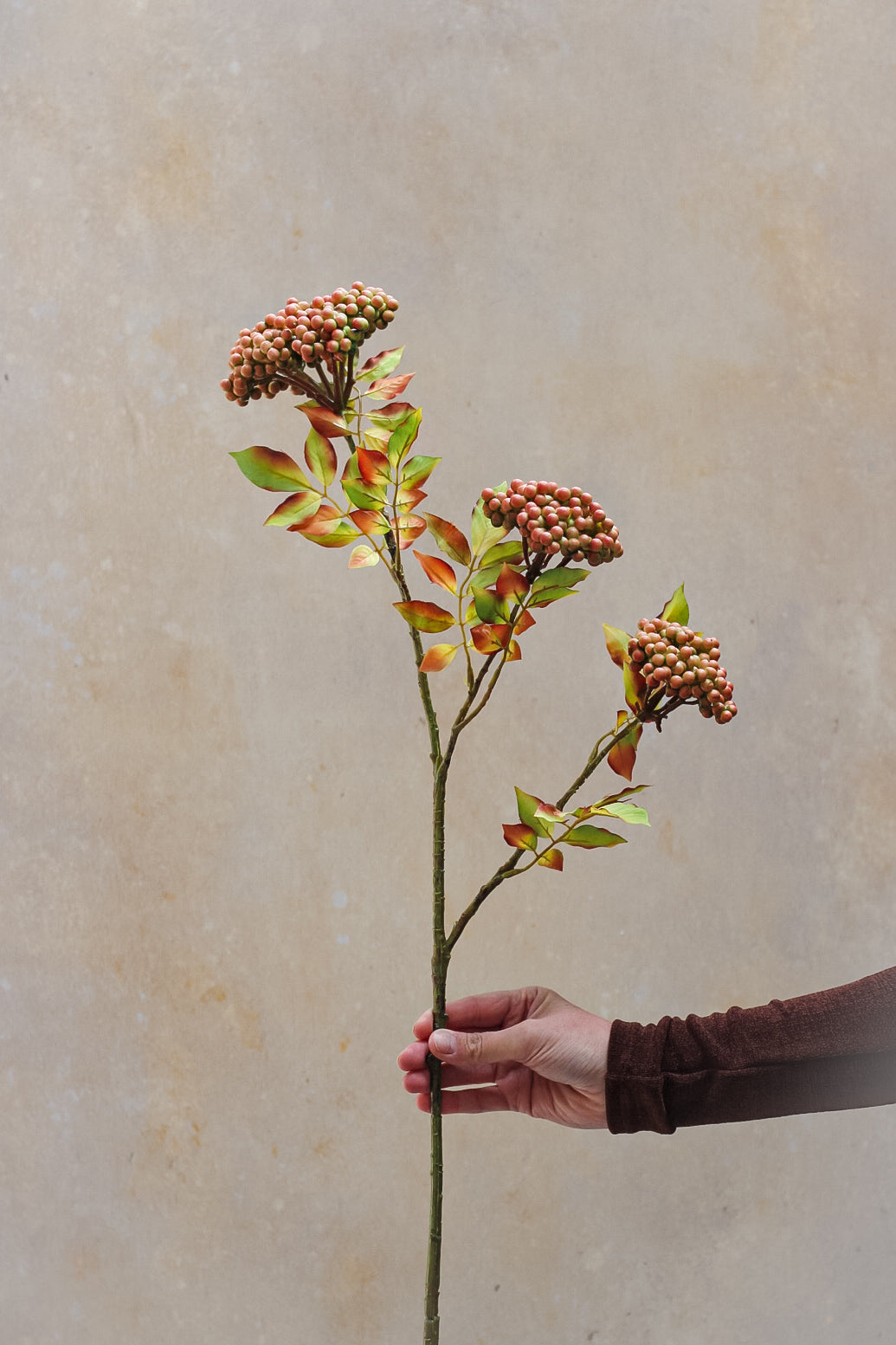 Faux Sorbus Berry Spray with Leaves