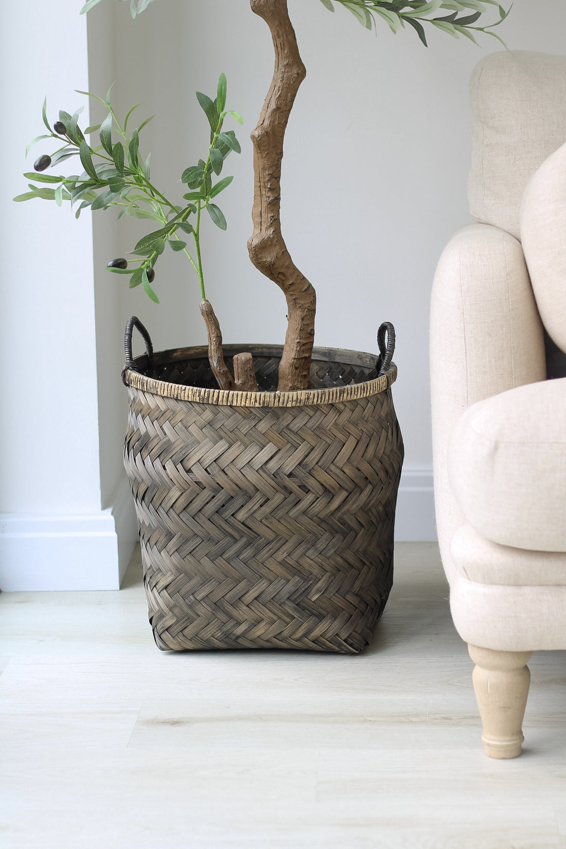 Distressed Bamboo Basket with Handles