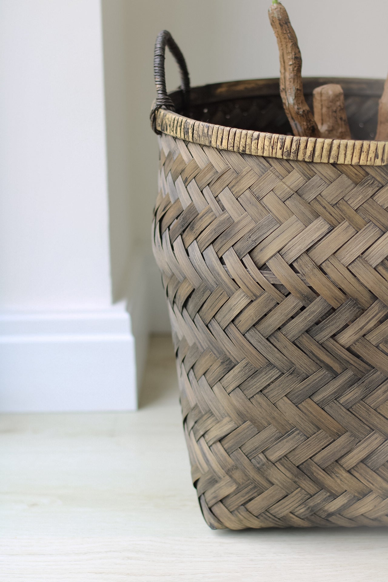 Distressed Bamboo Basket with Handles