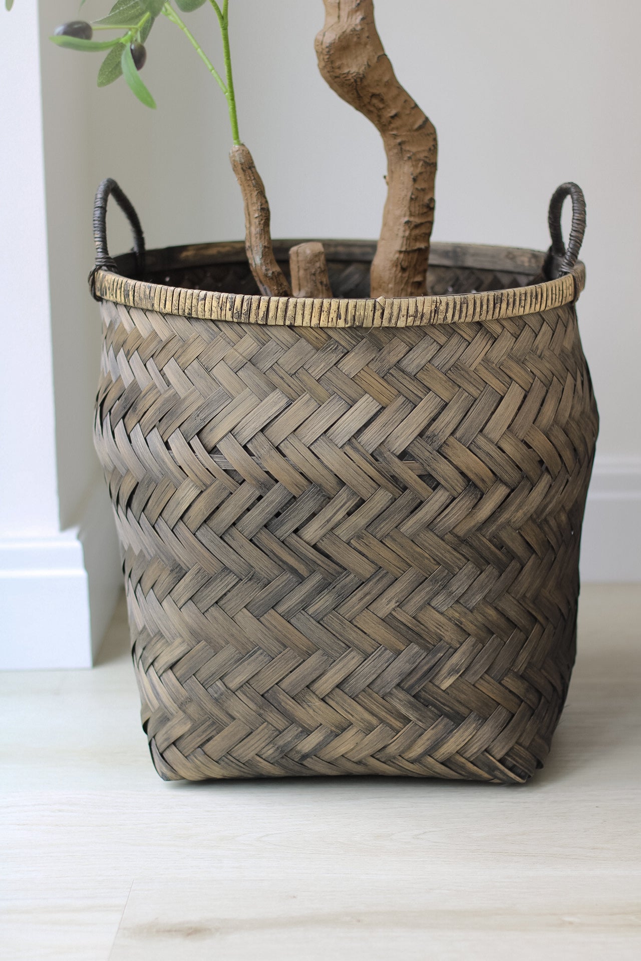 Distressed Bamboo Basket with Handles