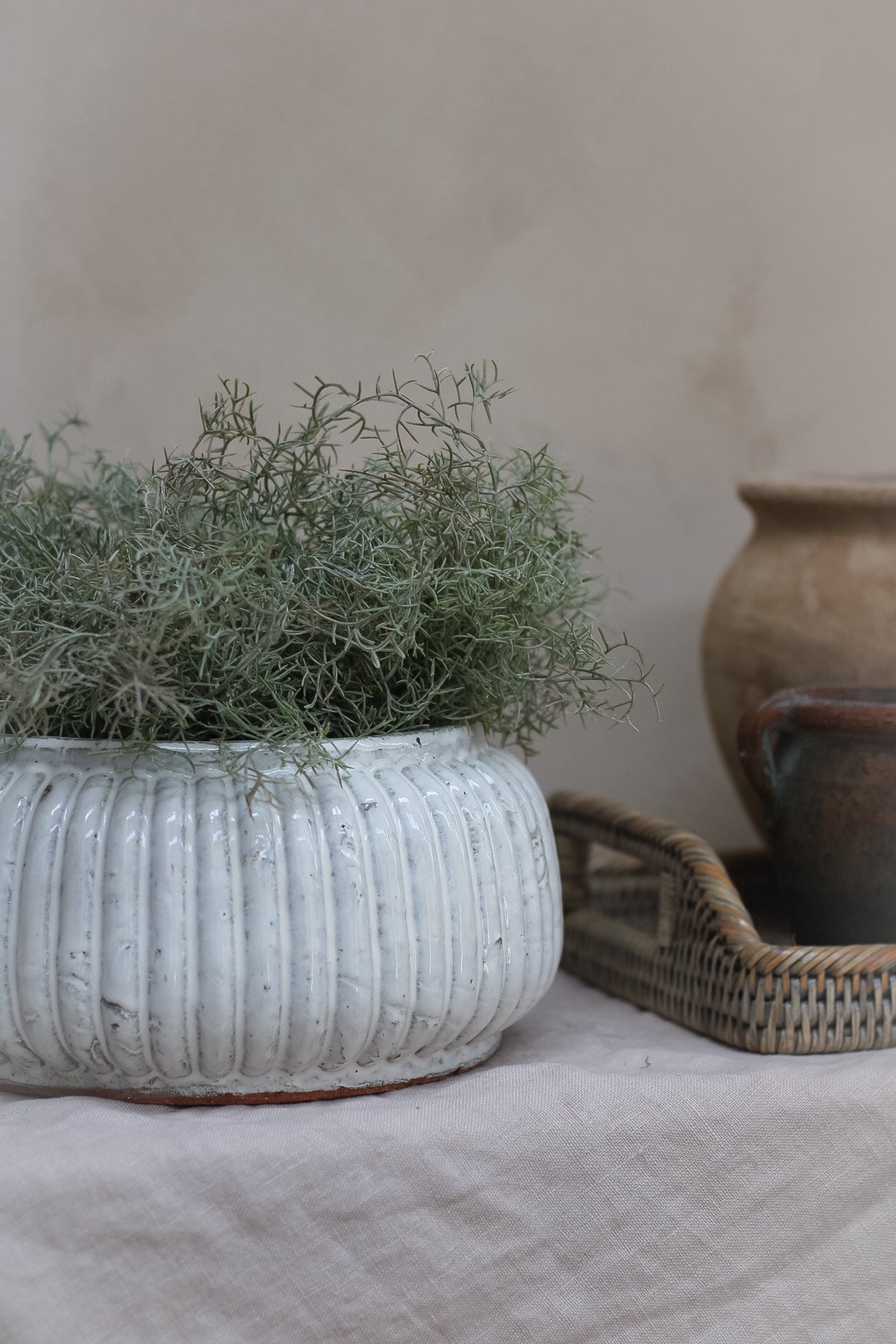 Distressed Cream Ribbed Planter