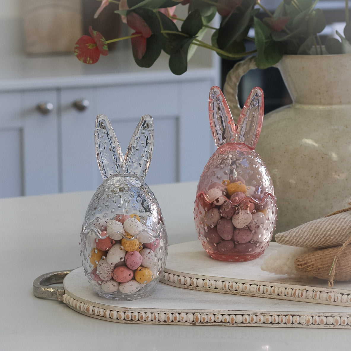 Dotty Glass Bunny Ears Jar perfect for filling with mini eggs during the springtime