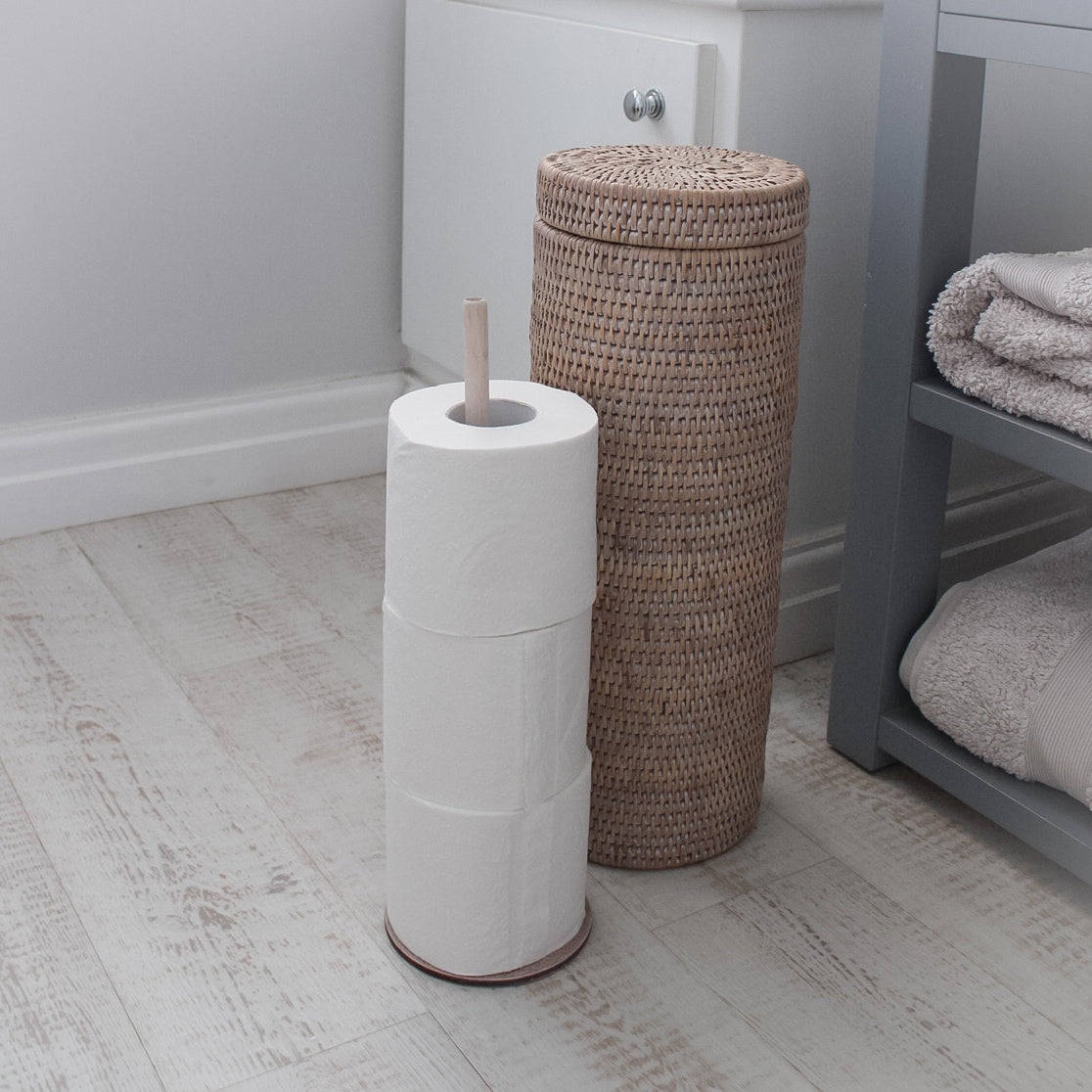 White Washed Natural Rattan Toilet Roll Container