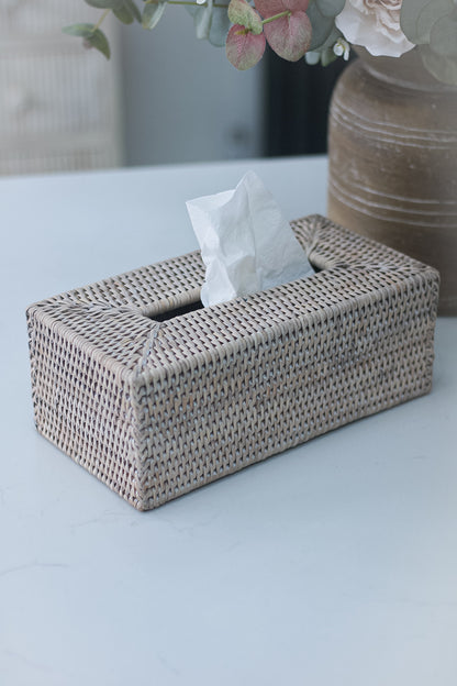 White Washed Natural Rattan Rectangular Tissue Box