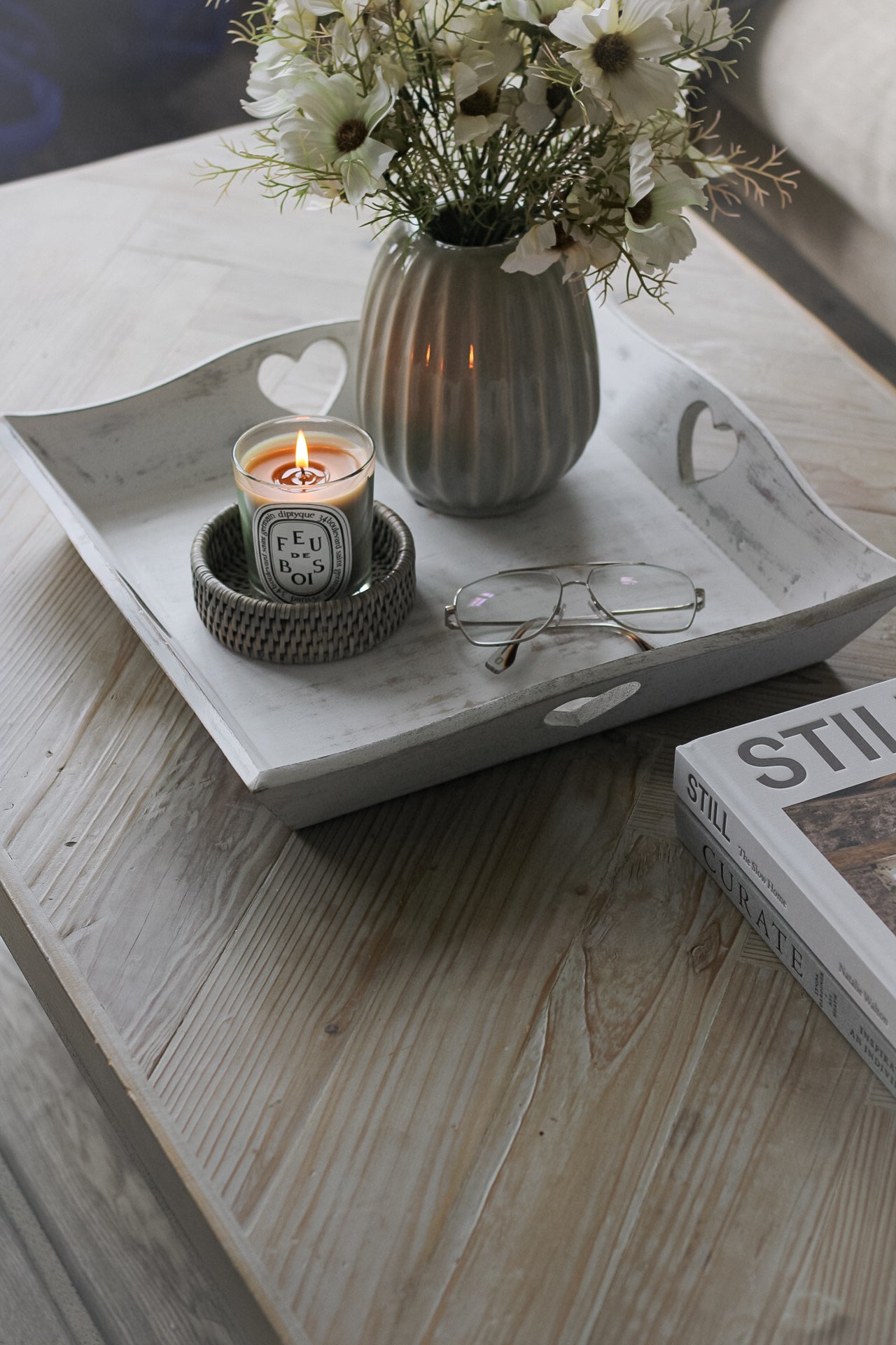 Whitewashed Wooden Square Tray with Hearts