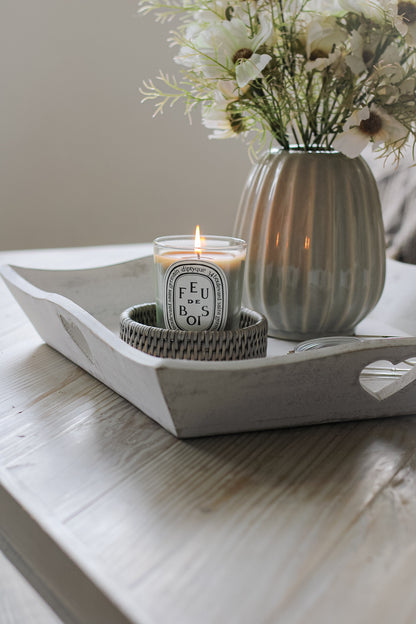 Whitewashed Wooden Square Tray with Hearts