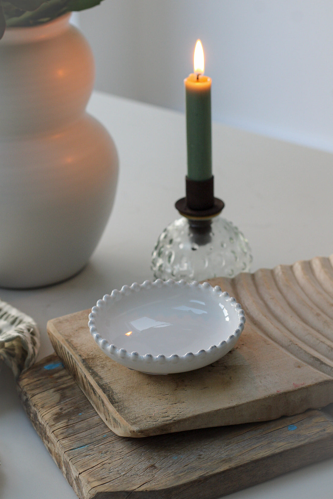 White ceramic mini dish with pearl edge detail on wooden wash boards  Edit alt text