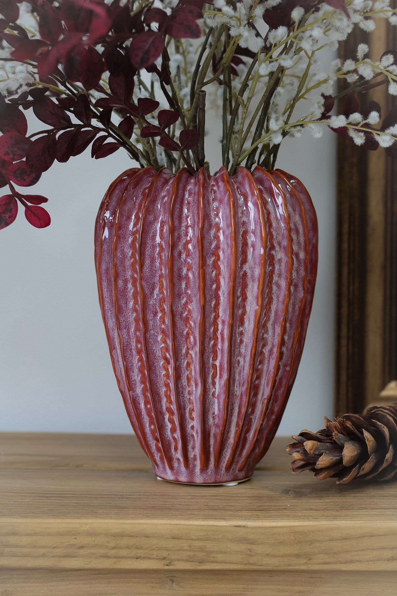 Raspberry Ribbed Ceramic Vase