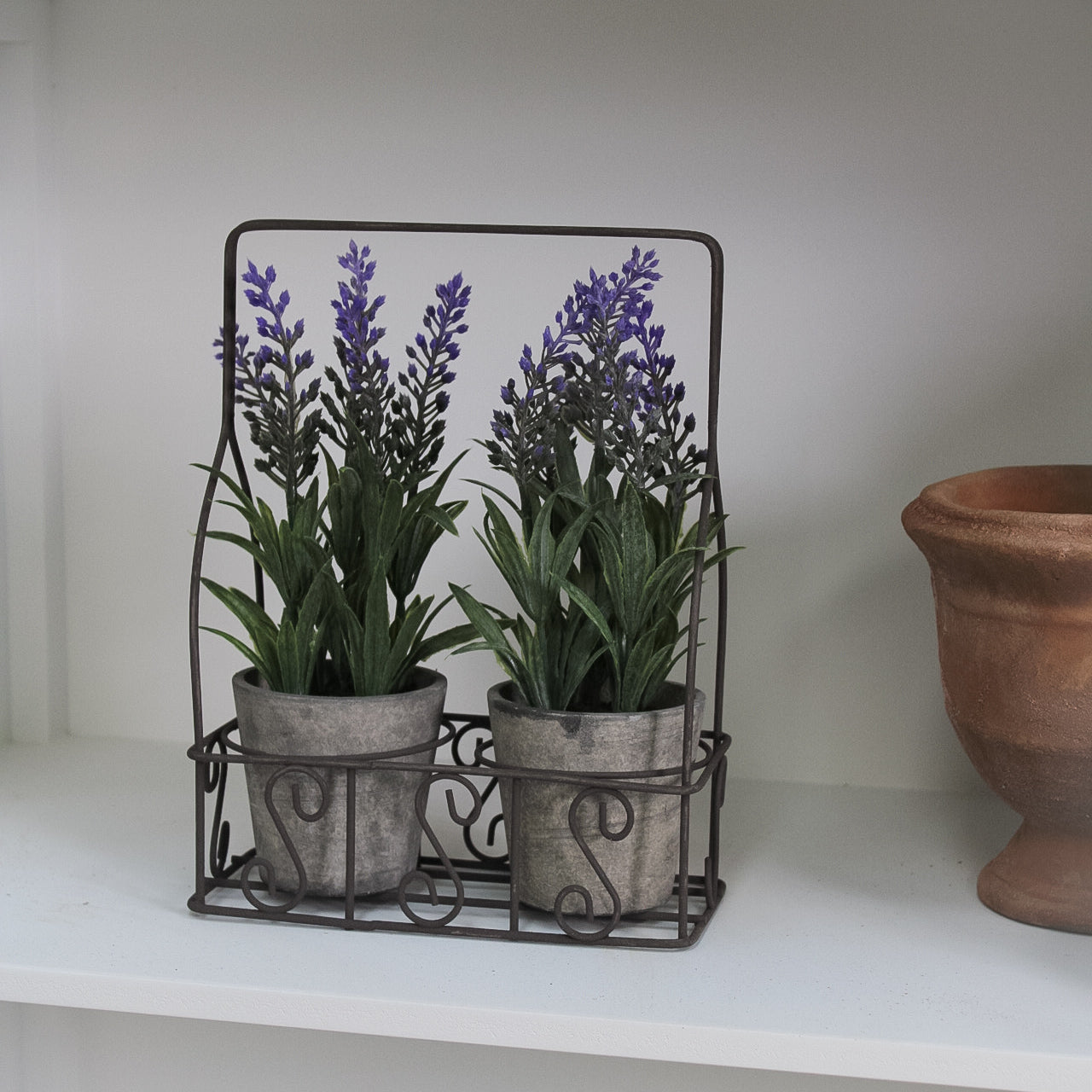 Faux Lavender Pots in Metal Swirl Holder