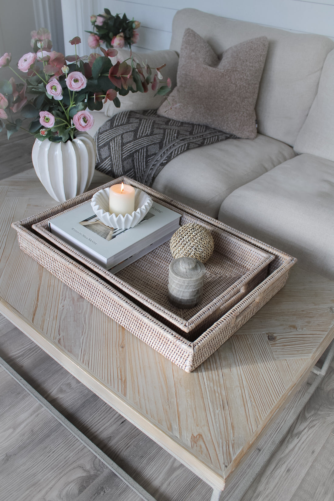 White Washed Rattan Coffee Table Tray