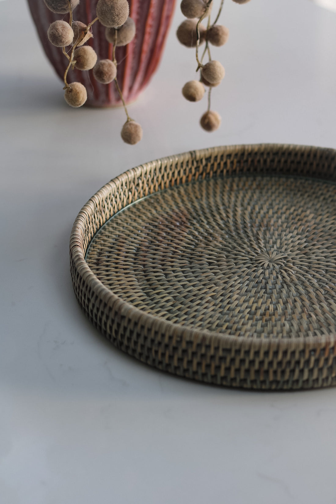 Grey Washed Round Rattan Tray with Glass Top