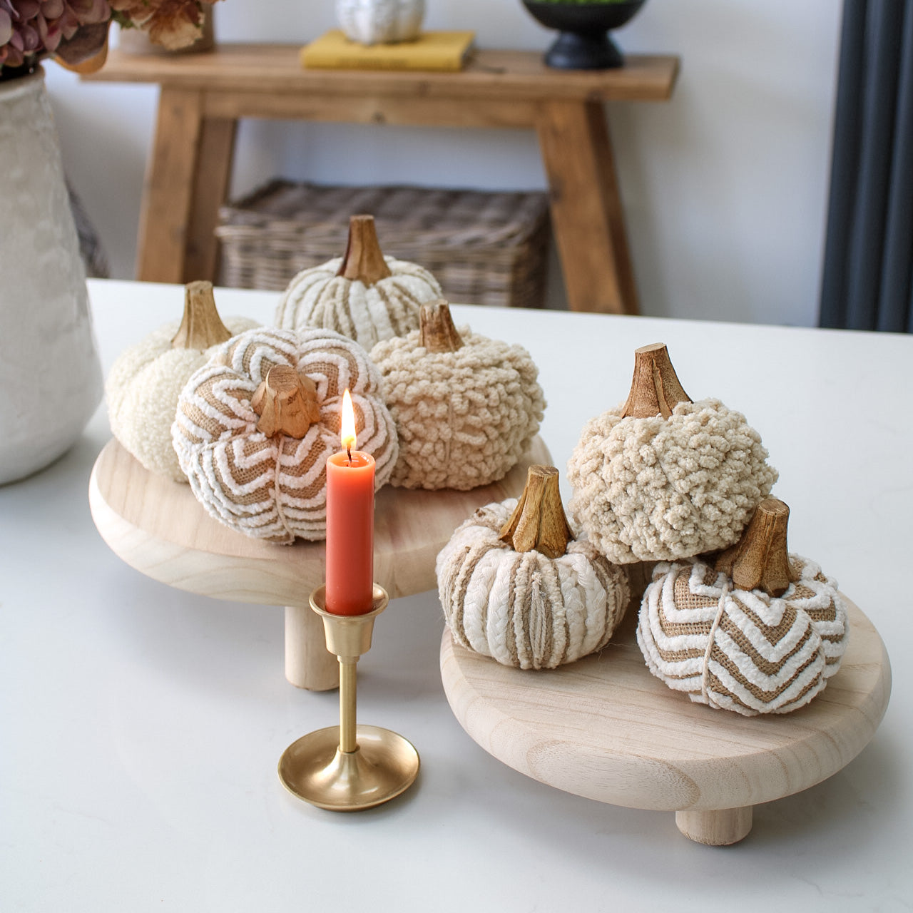 IMPERFECT - Neutral Cotton Pumpkin with Wooden Stalk