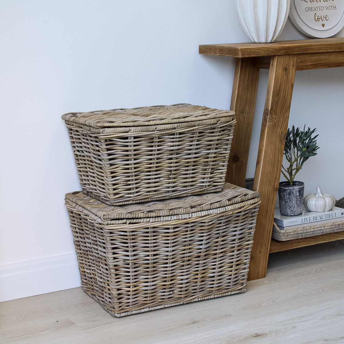 Grey Washed Lidded Rattan Wicker Basket