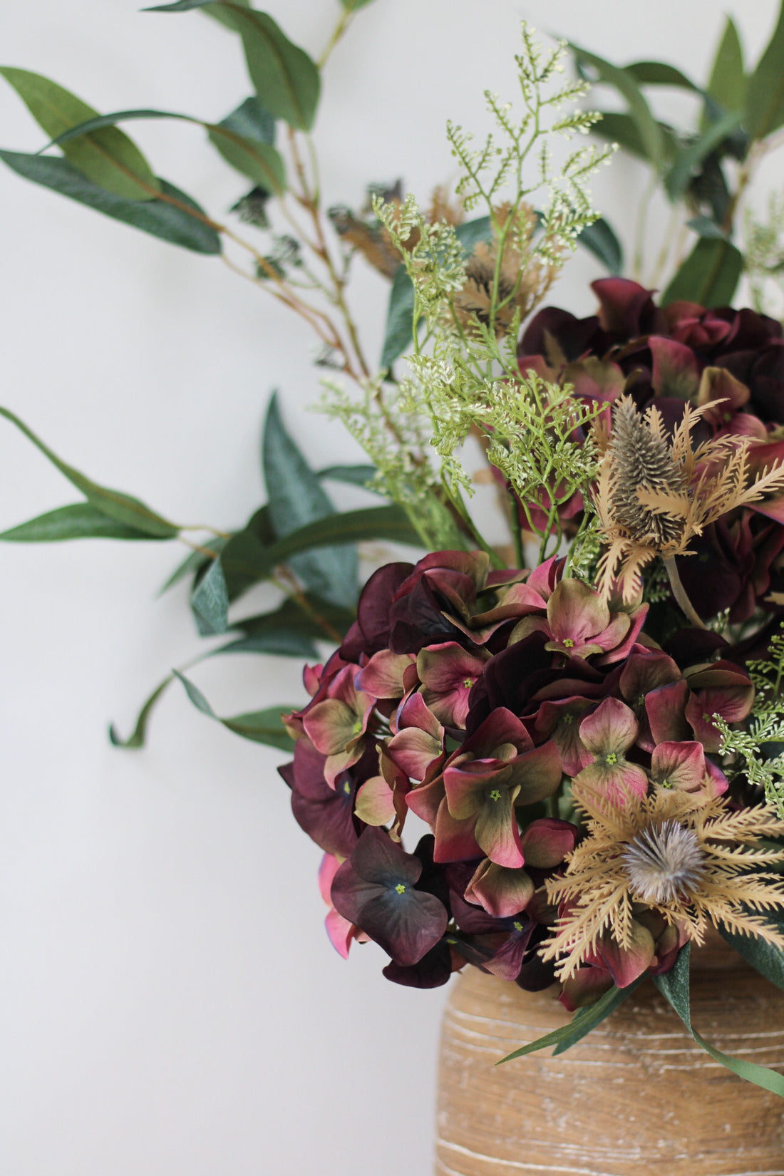 Faux Autumn Fig Hydrangea and Thistle Arrangement