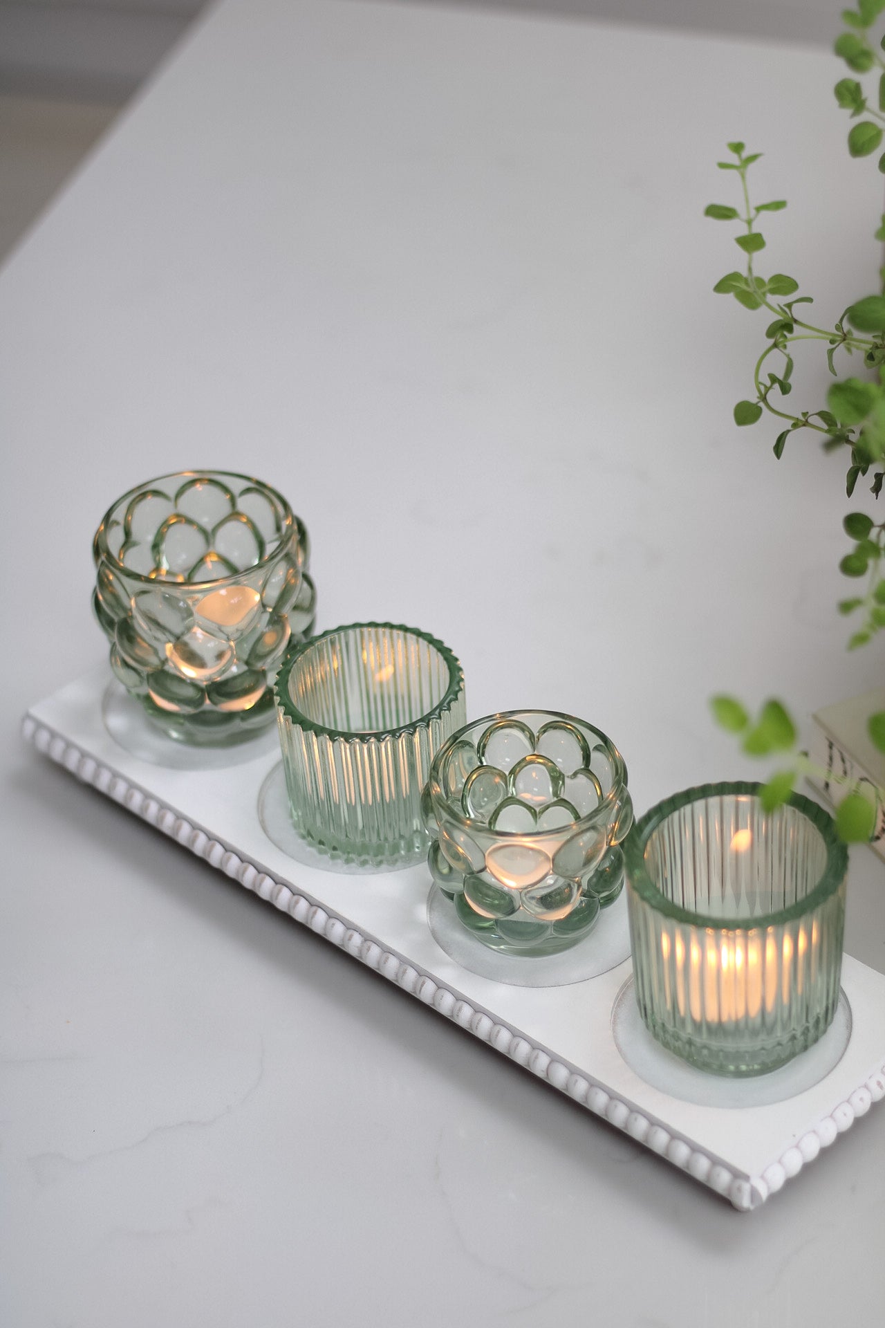 White Beaded Tray with Glass Tea Light Holders