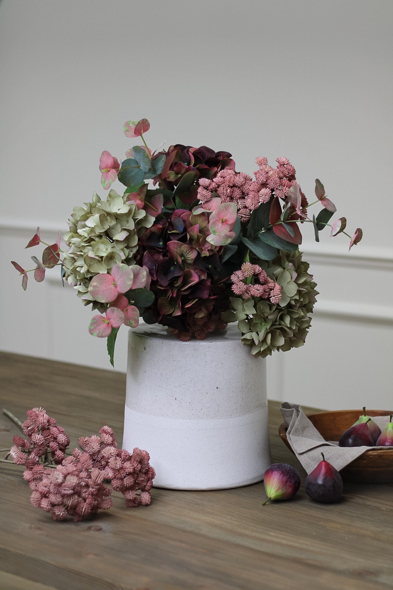 Faux Late Season Hydrangea and Blush Eucalyptus Arrangement