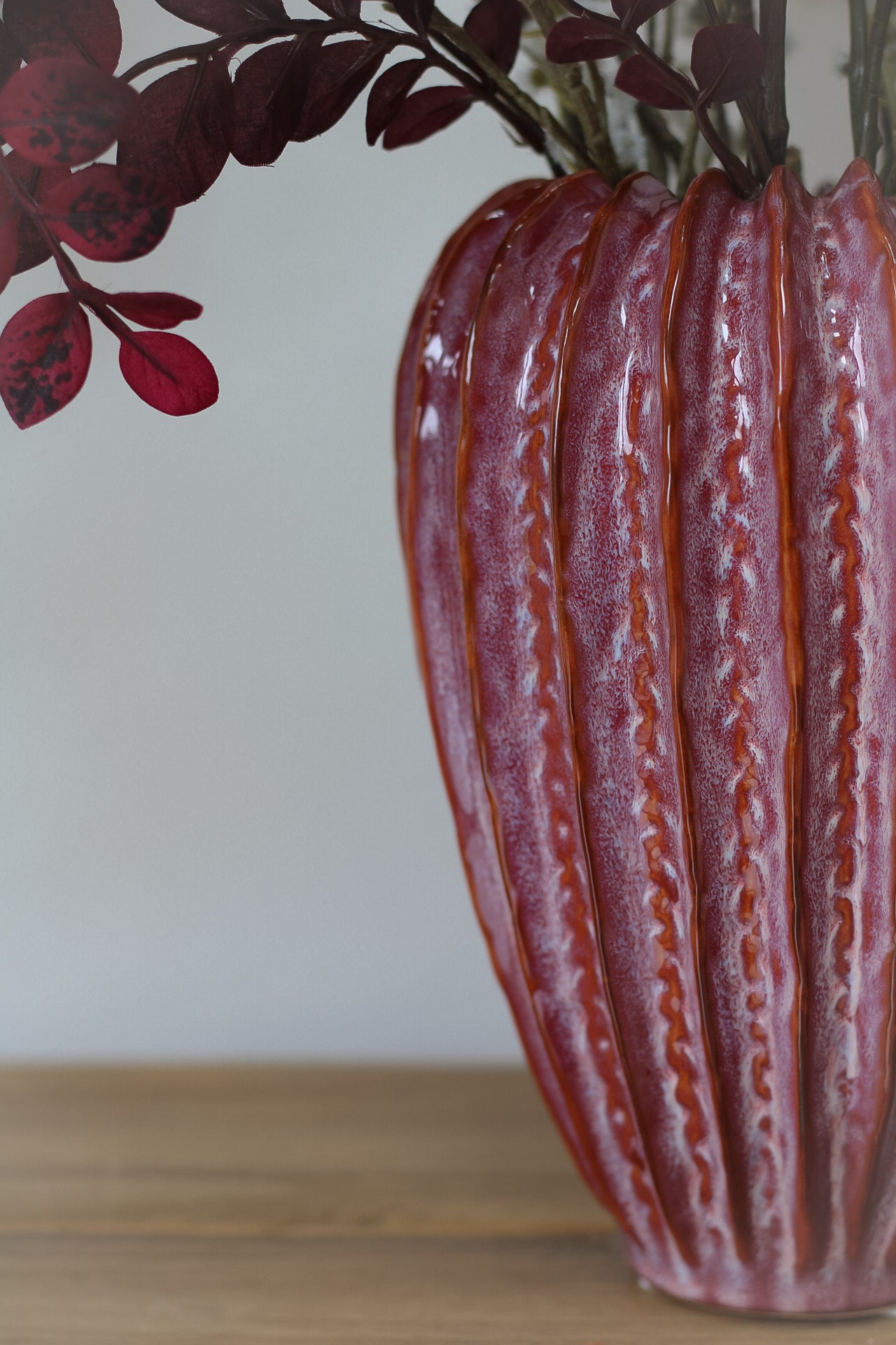 Raspberry Ribbed Ceramic Vase