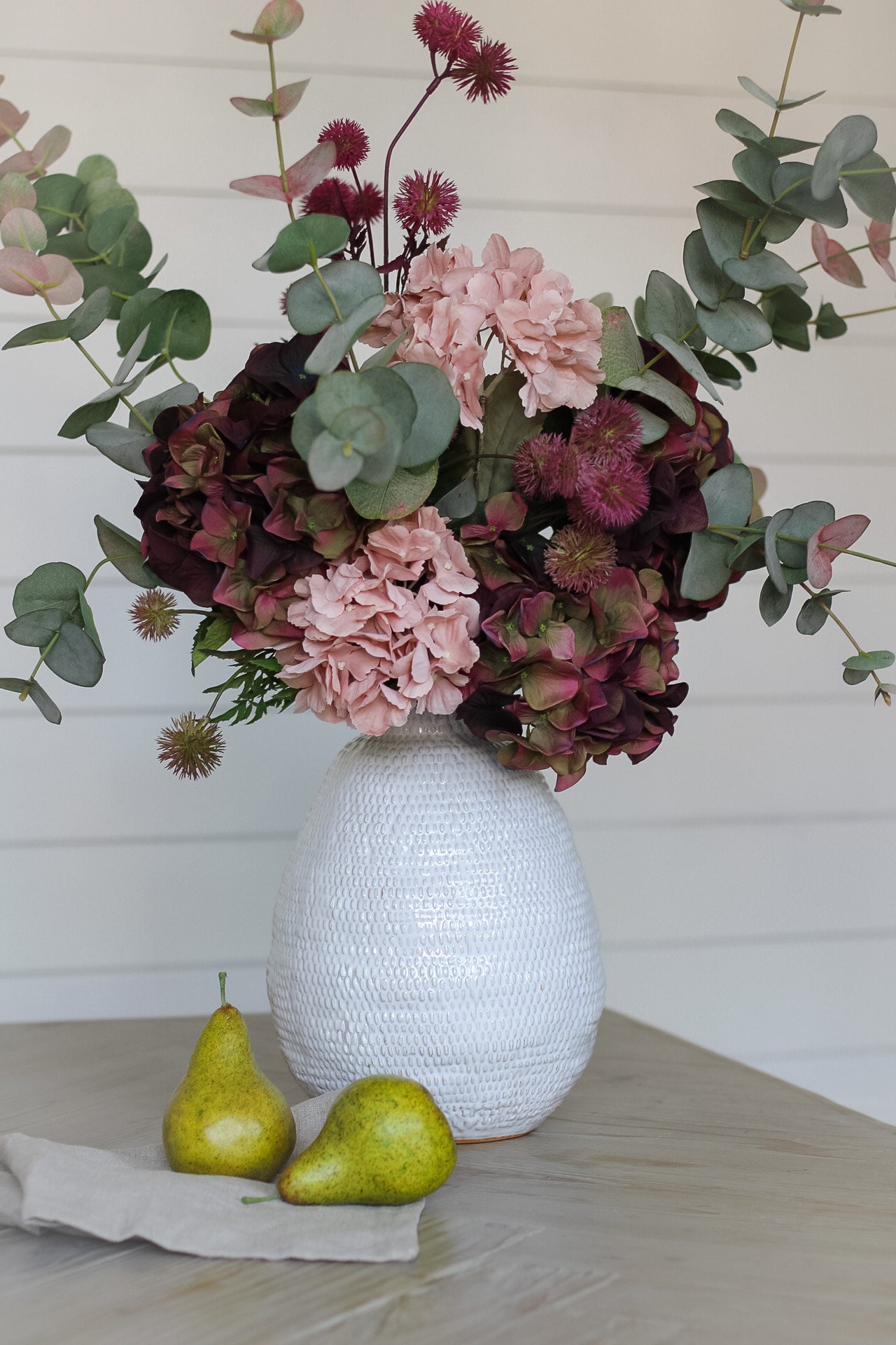 Faux Autumn Hydrangea and Blush Eucalyptus Arrangement