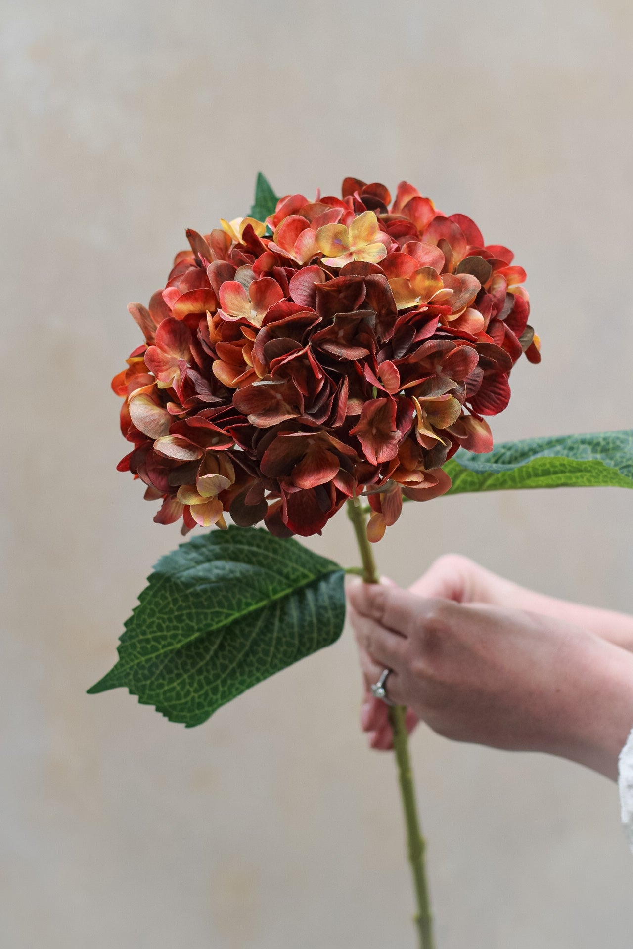 Faux Autumn Orange Hydrangea Stem