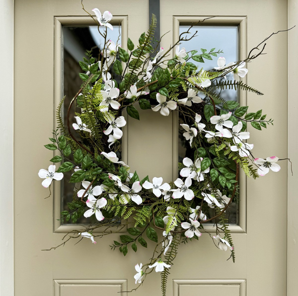 Faux Dogwood and Fern Wreath, spring home decor