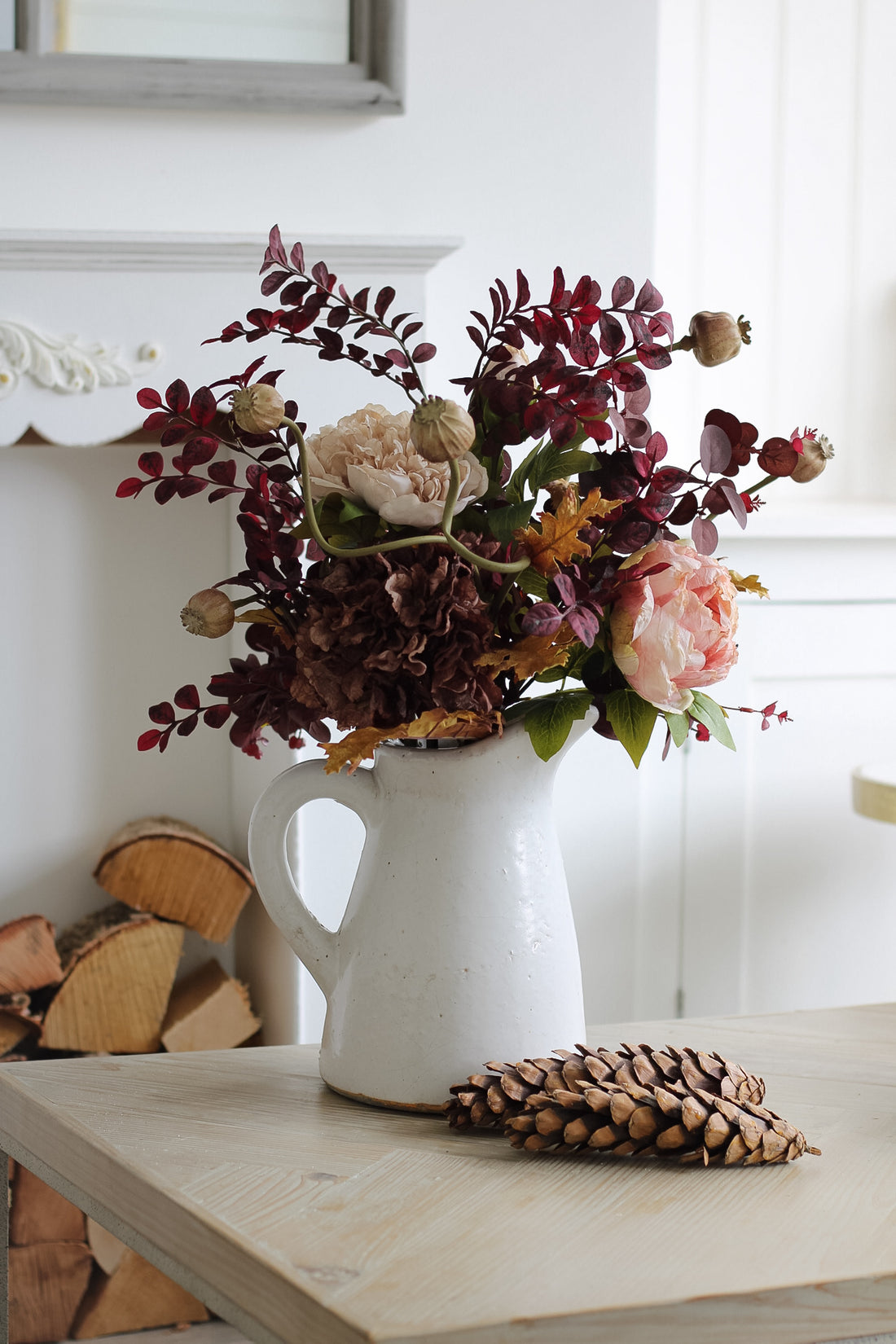 Faux Dried Autumn Hydrangea, Peony and Plum Leaves Arrangement