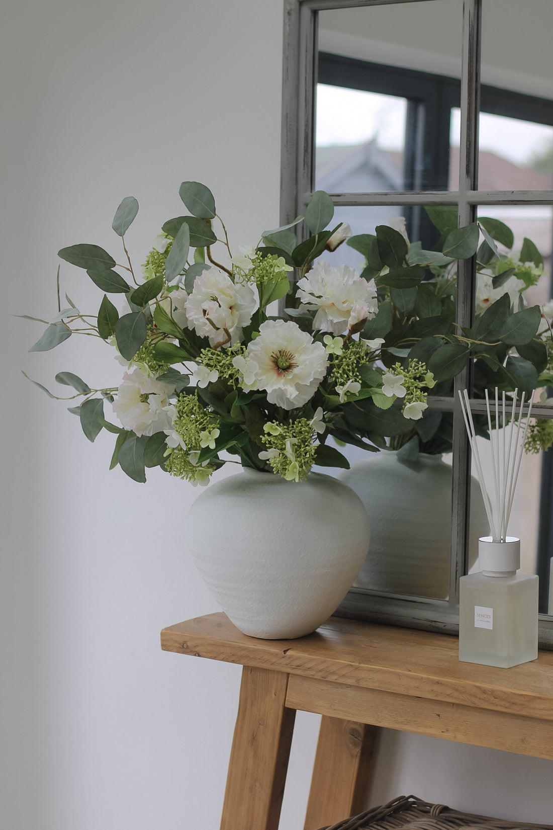 Faux Poppy and Viburnum with Eucalyptus Arrangement