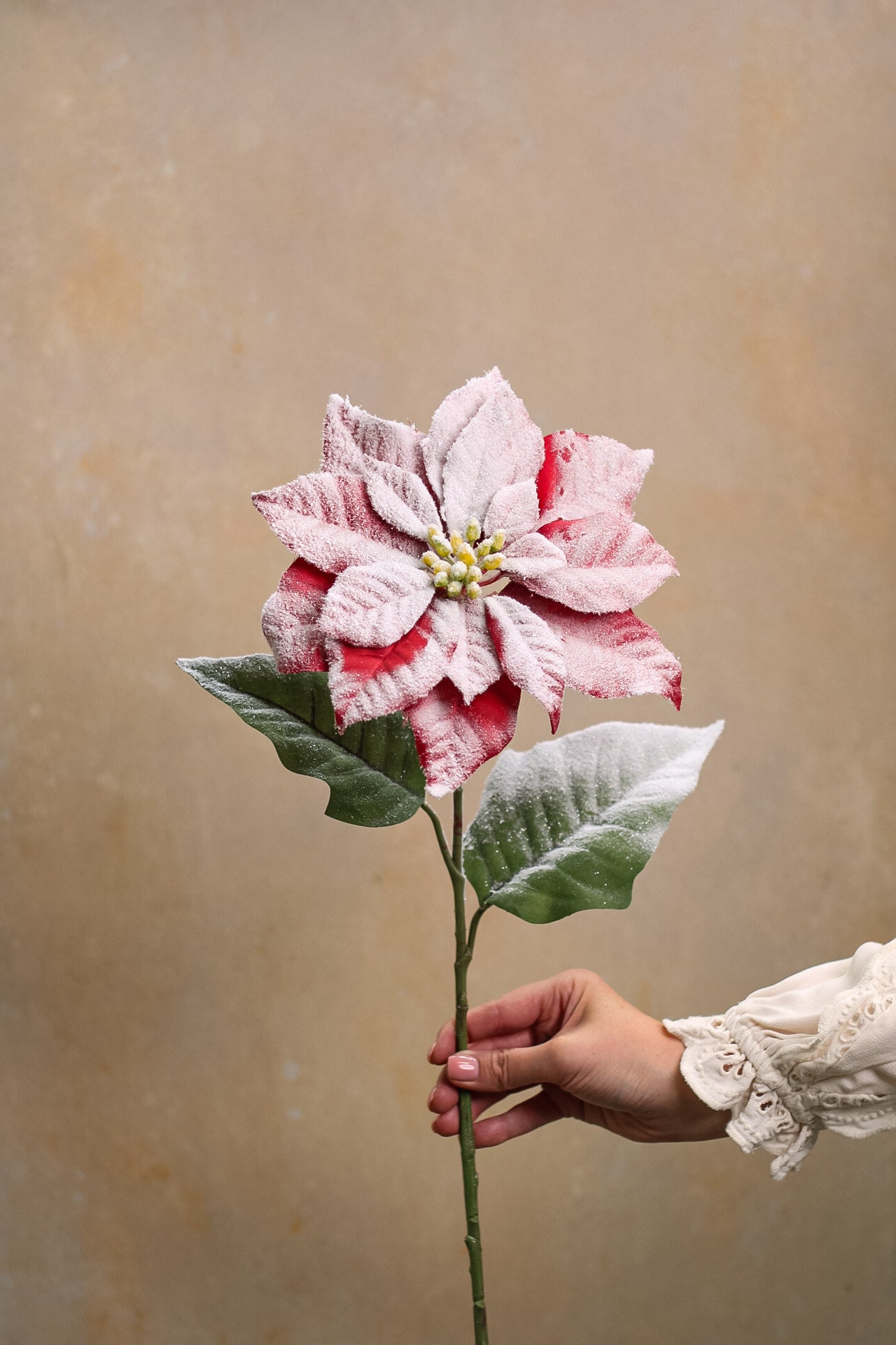 Faux Snow Frosted Poinsettia Stem