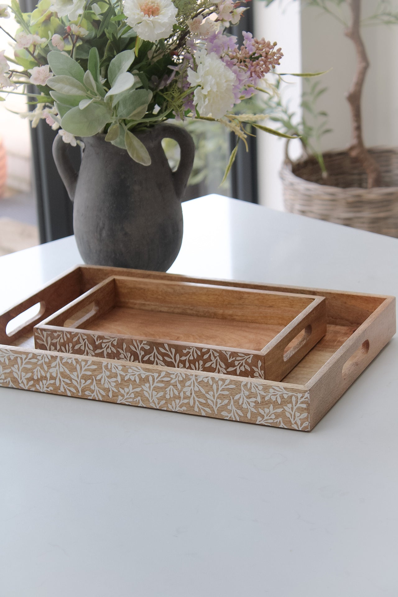 Floral Mango Wood Rectangular Tray