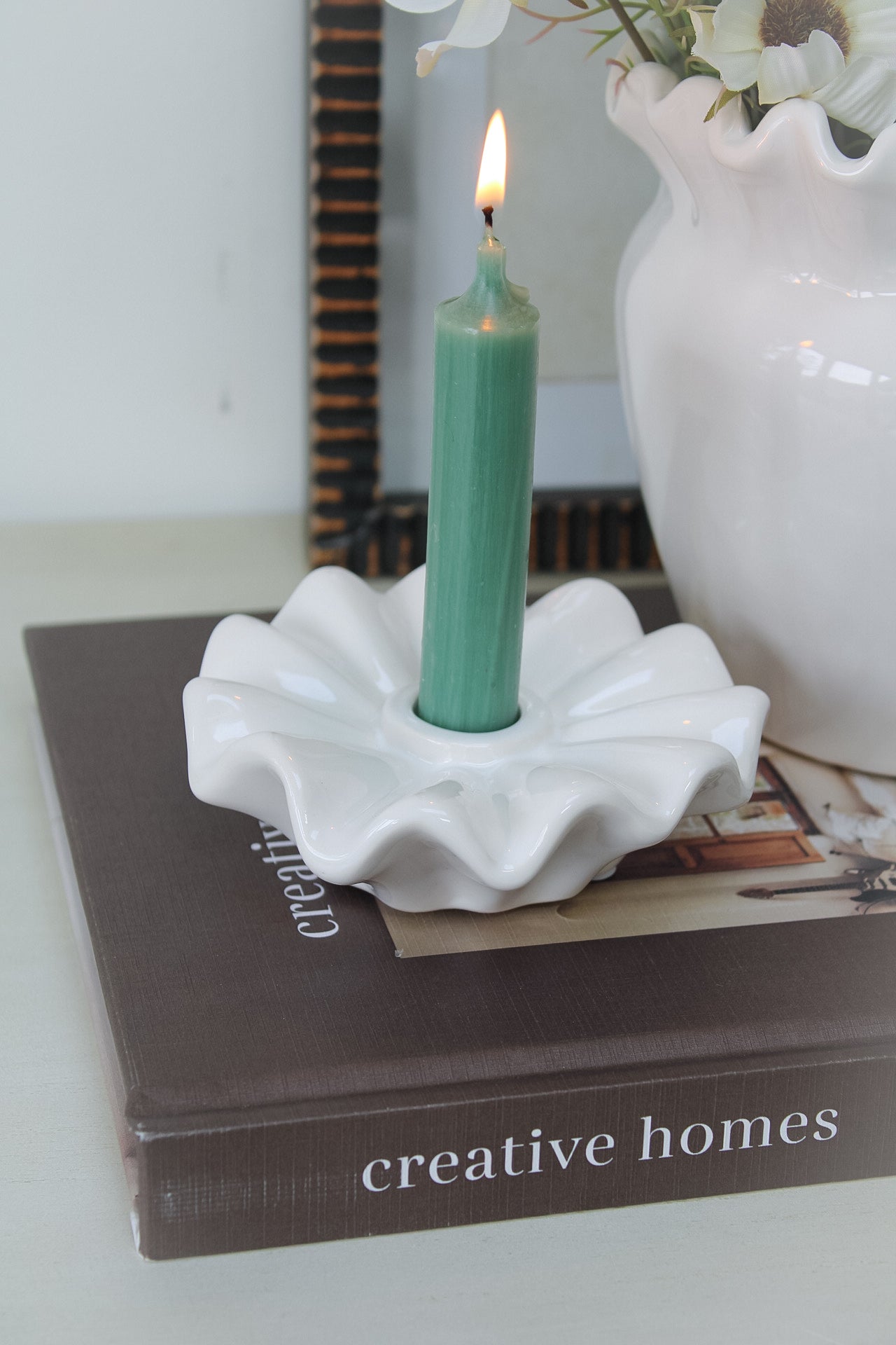 Frilly White Ceramic Dinner Candle Holder