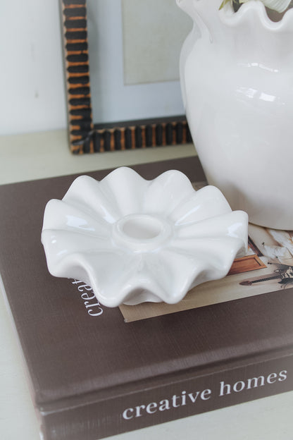 Frilly White Ceramic Dinner Candle Holder