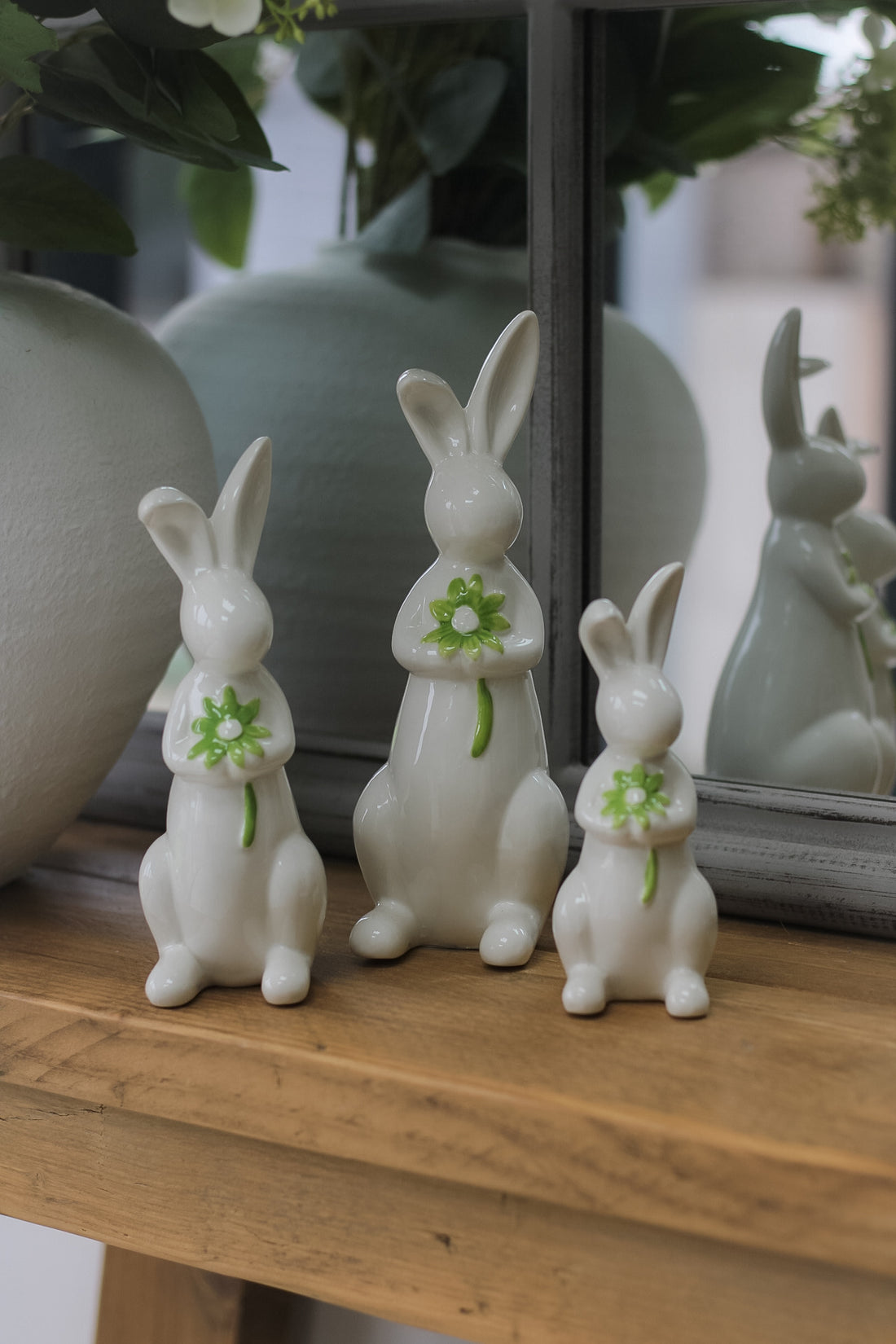 Green Floral Porcelain Bunnies