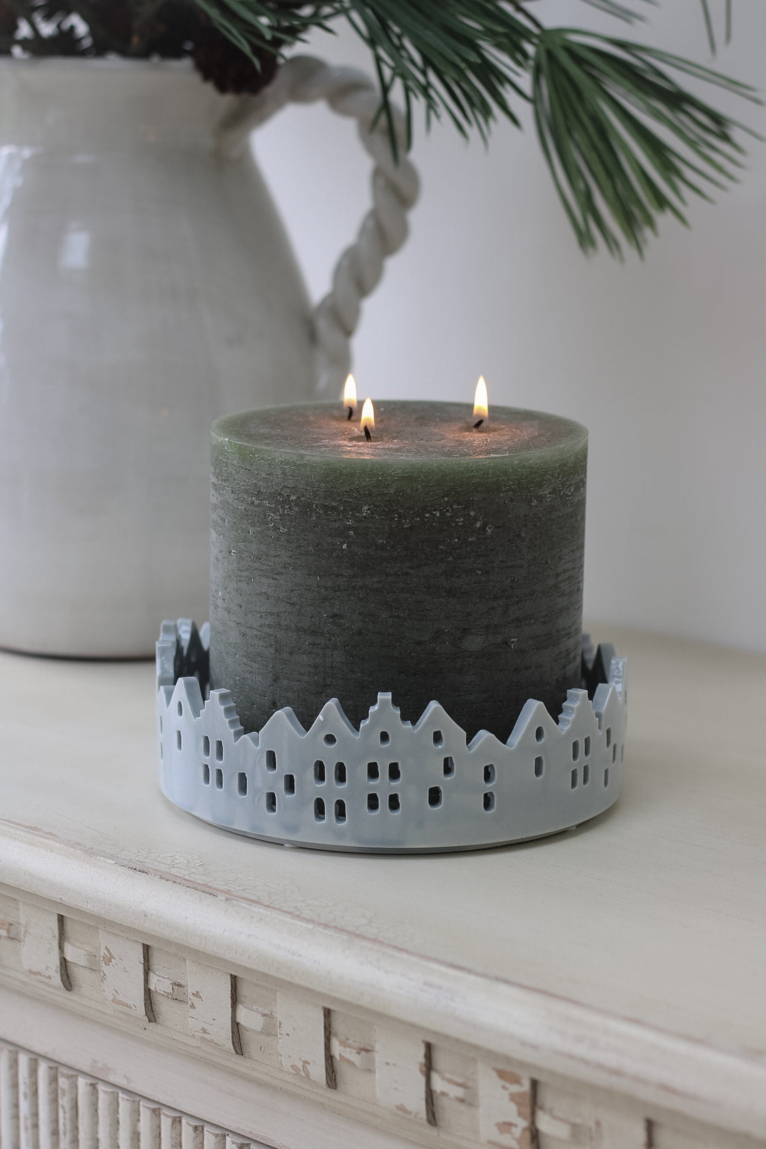 Grey Ceramic Round Winter Village Tray