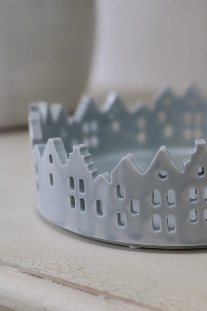 Cut out grey ceramic tray with winter village houses for christmas home decor