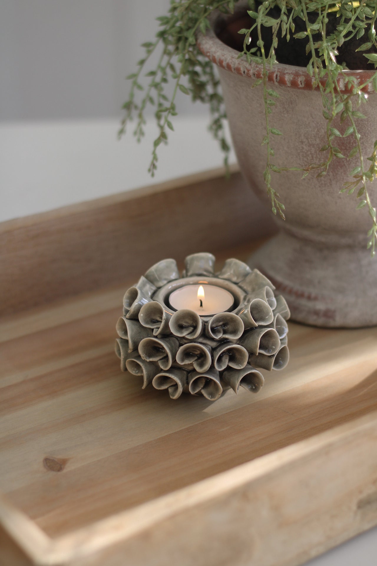 Grey Petal Ceramic Candle Holder for elegant home decor