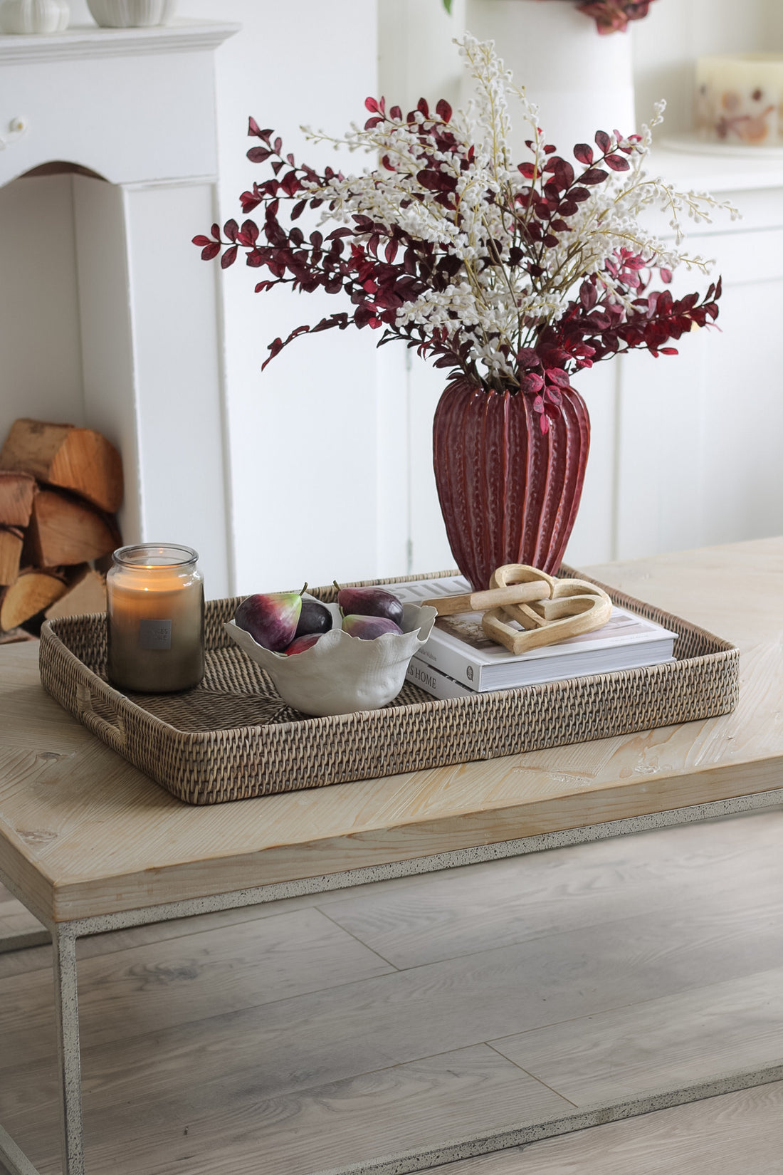 Grey Washed Rattan Ottoman Tray