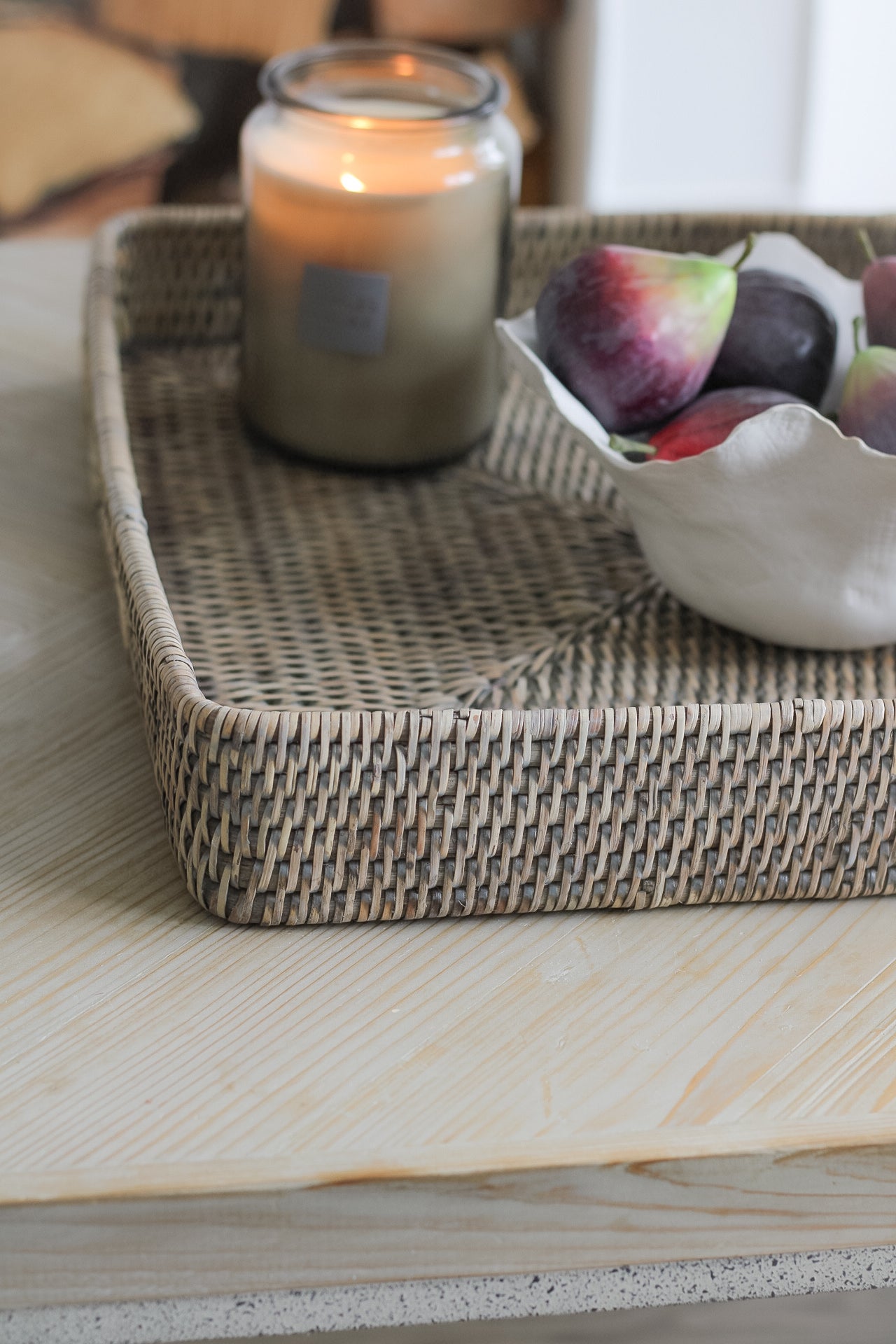 Grey Washed Rattan Ottoman Tray