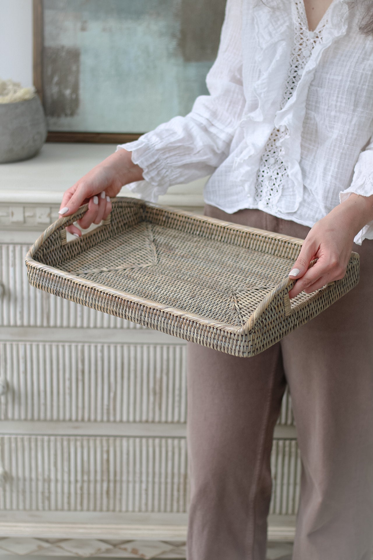 Grey Washed Rattan Rectangular Tray 001