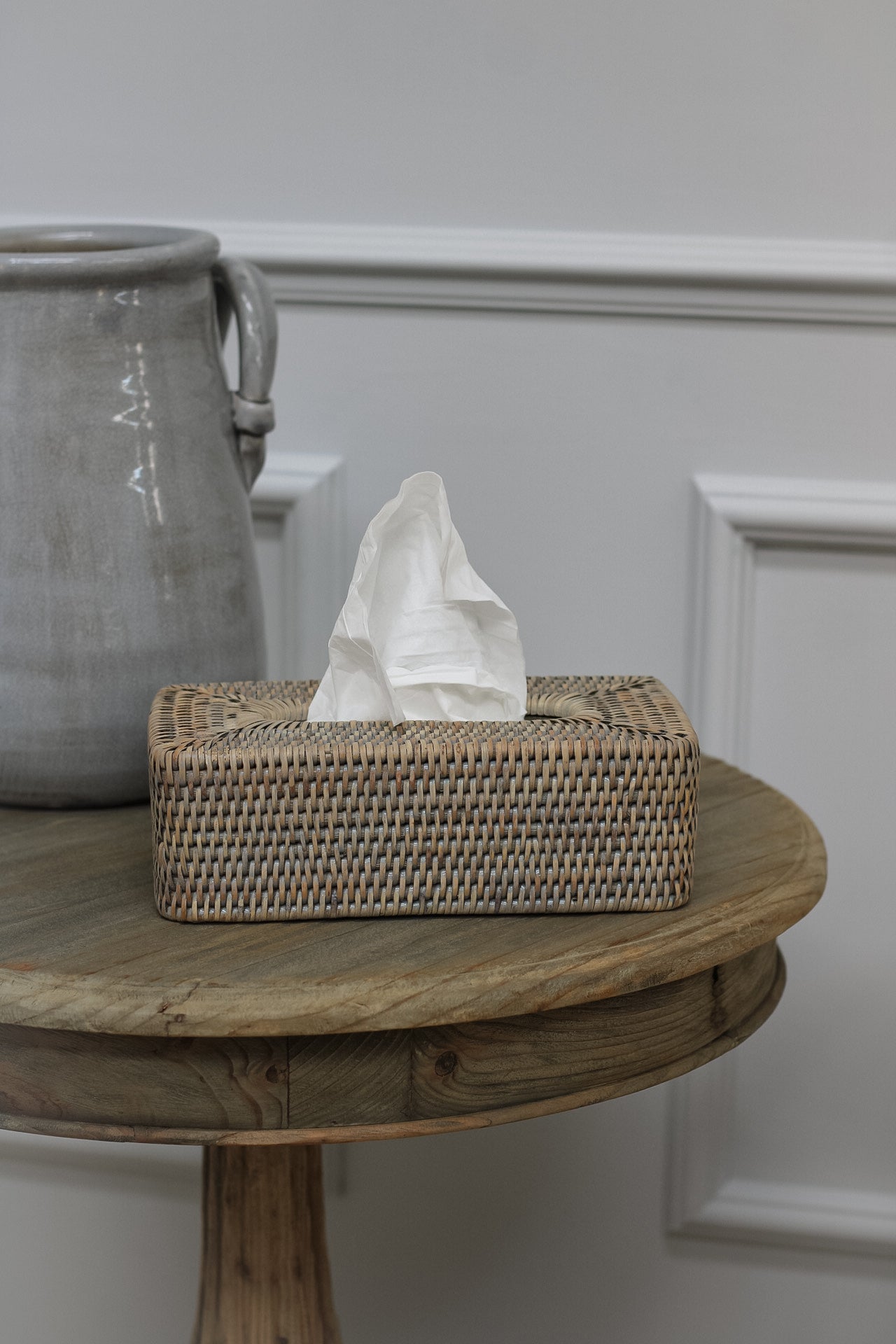 Grey Washed Rattan Tissue Box Cover for side table or bedroom. Hides unsightly tissue boxes. Beautiful addition to your home decor.