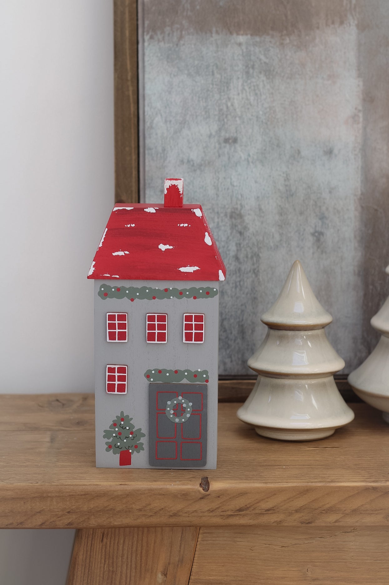 light grey festive christmas house, perfect for shelf styling adding a scandi touch to your Christmas decor