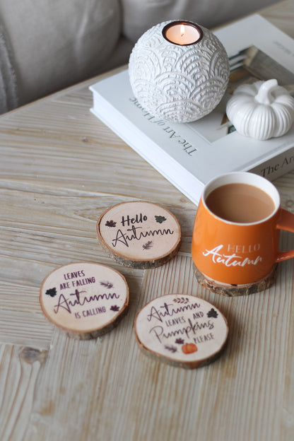 Hello Autumn Wooden Log Coasters | Set of 4